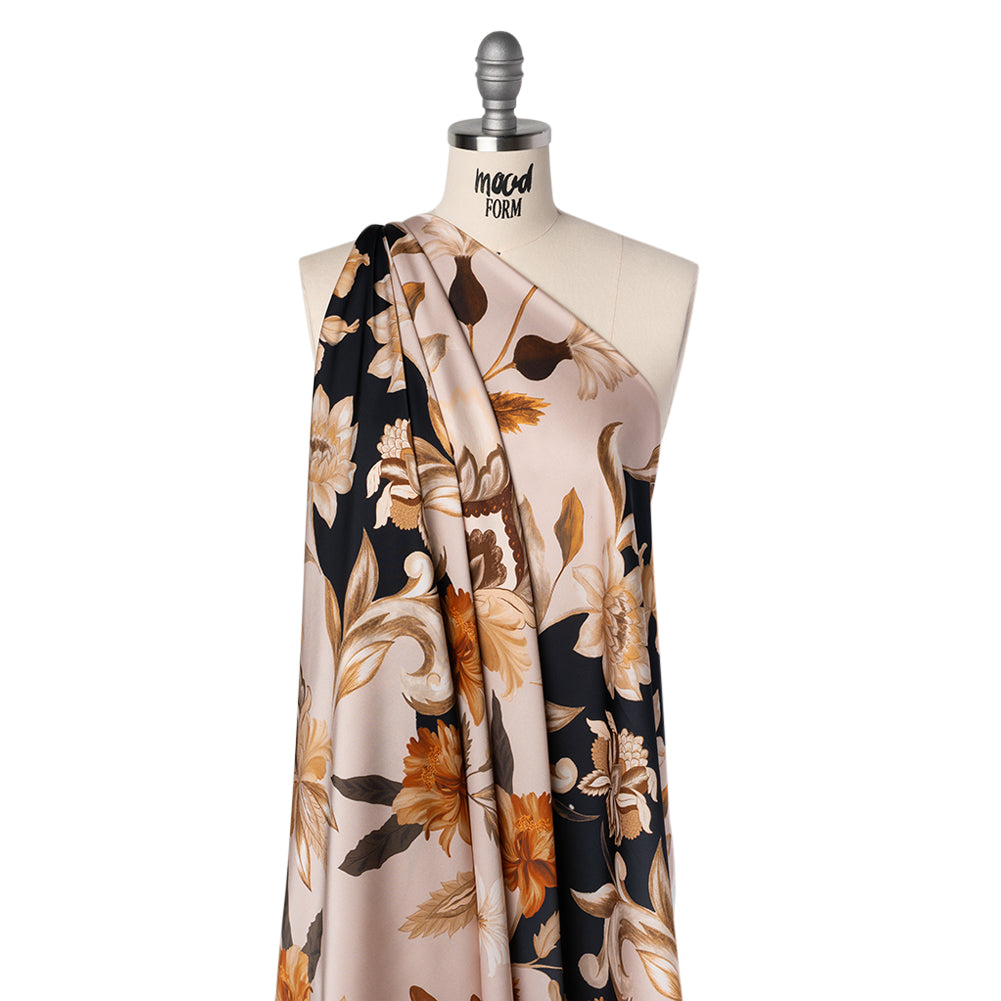 Polyester Satin - Black, Beige and Brown Flower Vine Stripes - Mood Exclusive Fleur de Rocaille Print - Joann Fabrics