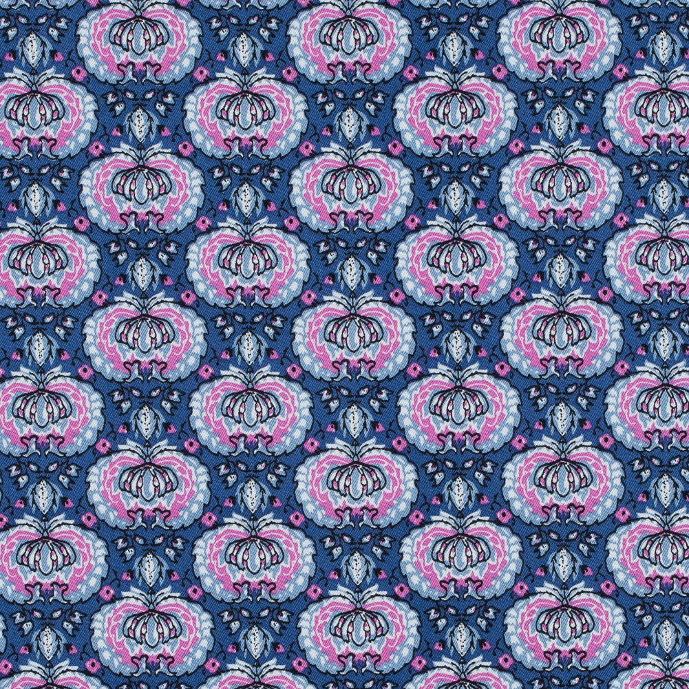 True Blue and Phlox Pink Palmette Printed Stretch Cotton Twill - Joann Fabrics