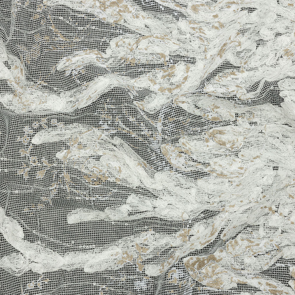 Metallic Silver Mesh with White Leafy VIne 3D Lace Applique and Gold Glitter - Joann Fabrics