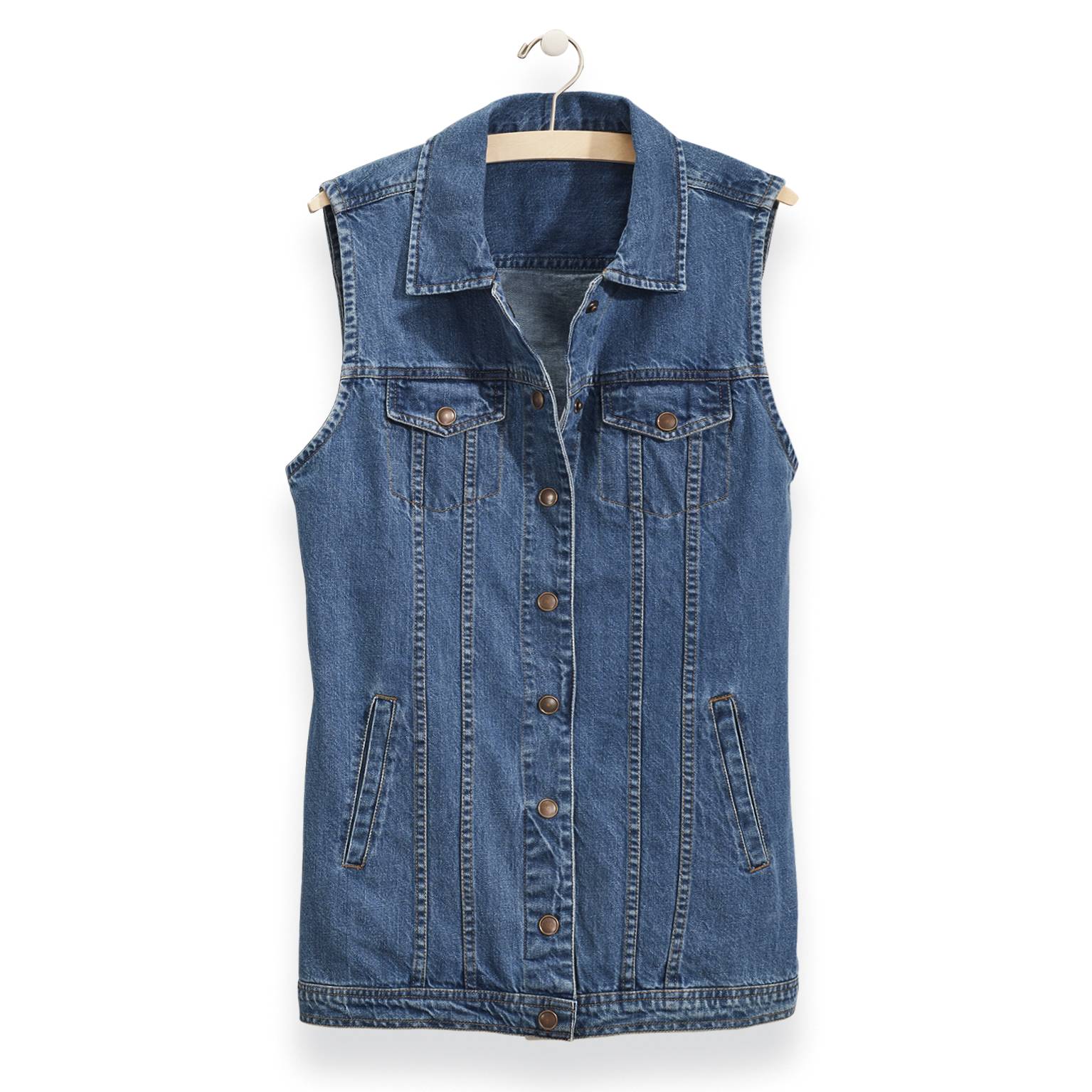 Classic Denim Vest, Longer Length with Snap Front and Pockets - Northstyle Catalog