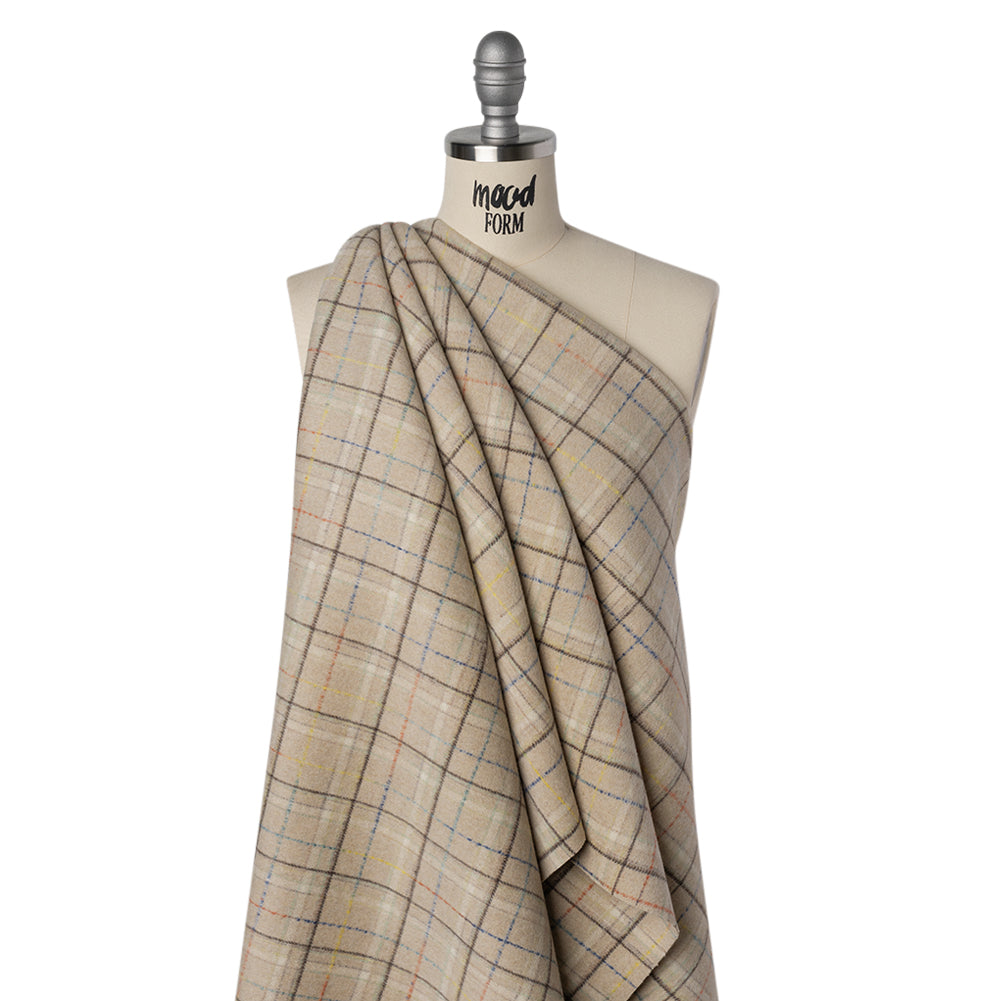Brushed Wool Double Cloth Coating - Beige, Dark Brown and Blue Plaid - Deadstock - Joann Fabrics