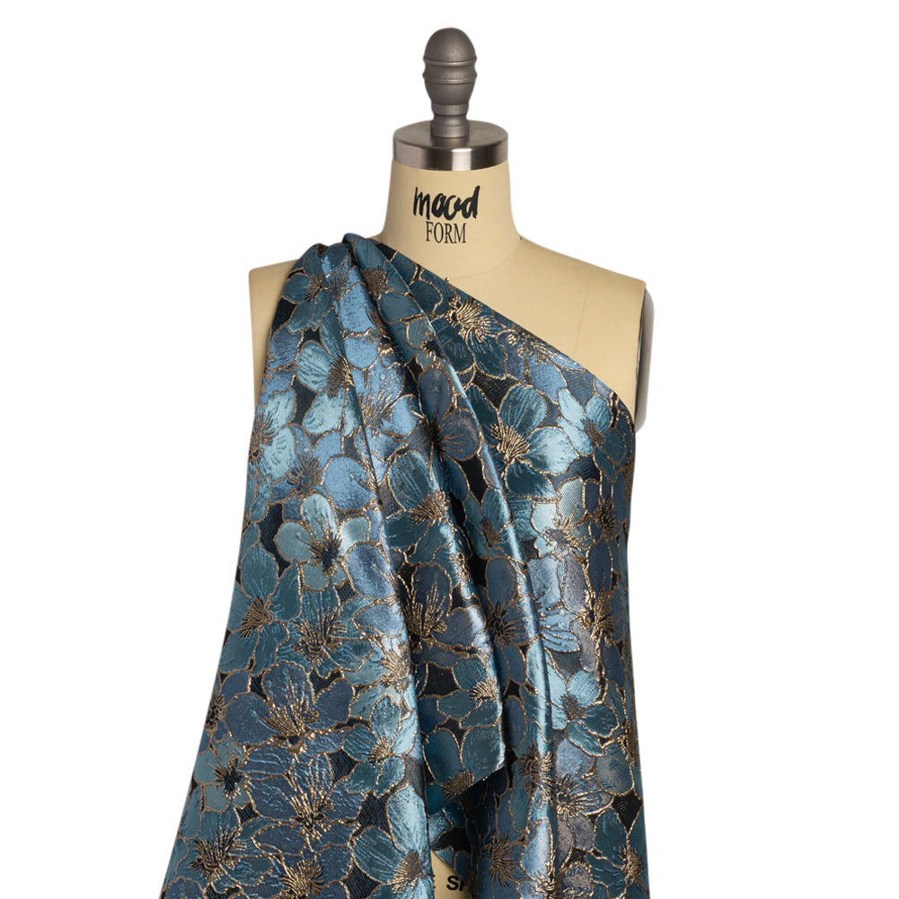 Metallic Gold, Sky and Country Blue Floral Frolic Luxury Brocade - Joann Fabrics