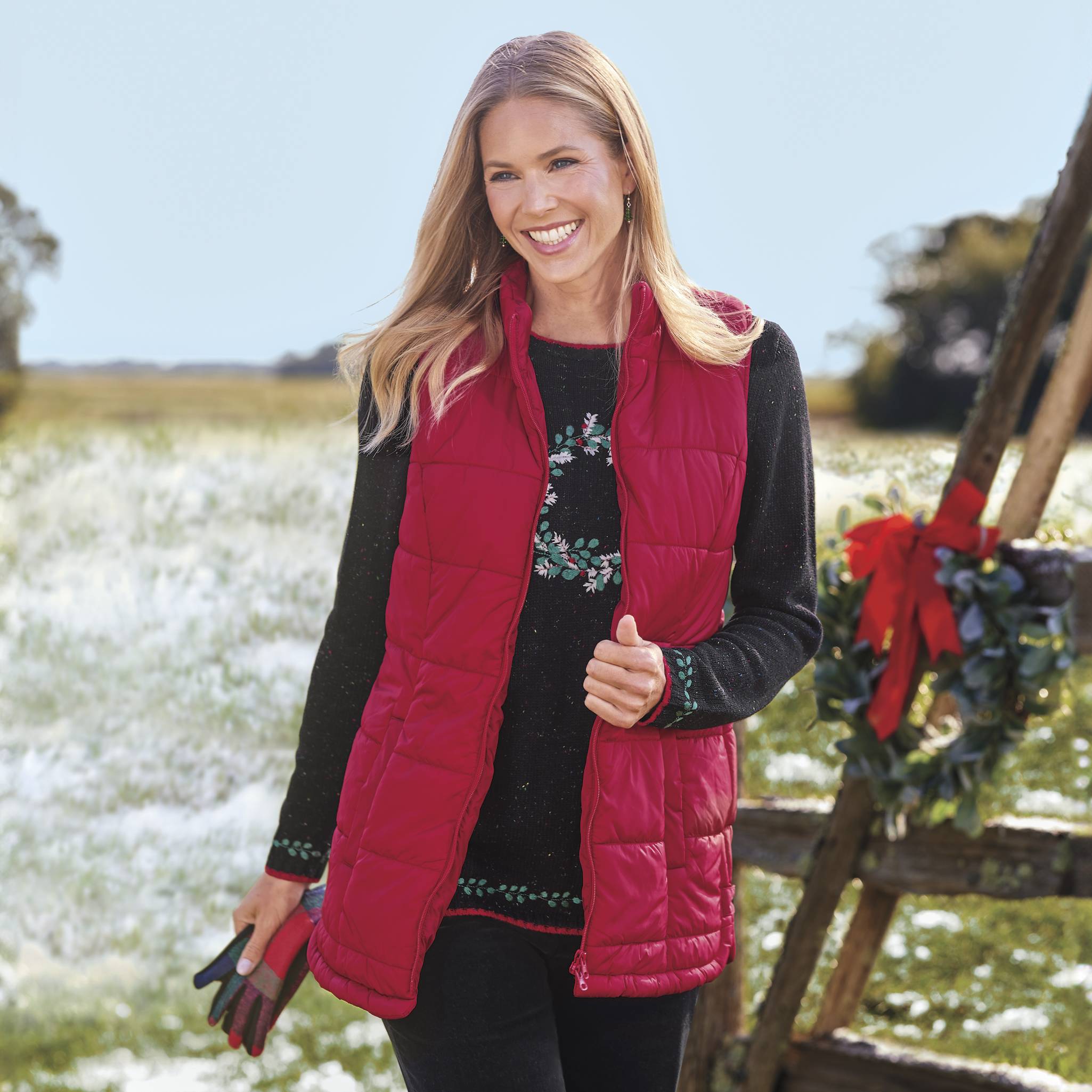 Embroidered Wreath Sweater, French Knot Accents, Ribbed Trim - Northstyle Catalog