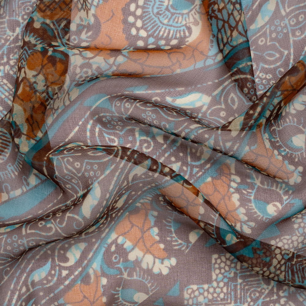 Brown, Orange and Teal Floral and Geometric Diagonal Stripes Silk Chiffon - Joann Fabrics