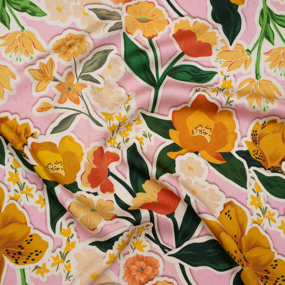 Polyester Satin - Pink, Green and Orange Flowers Collage - Mood Exclusive Clipped Botanicals Print - Joann Fabrics