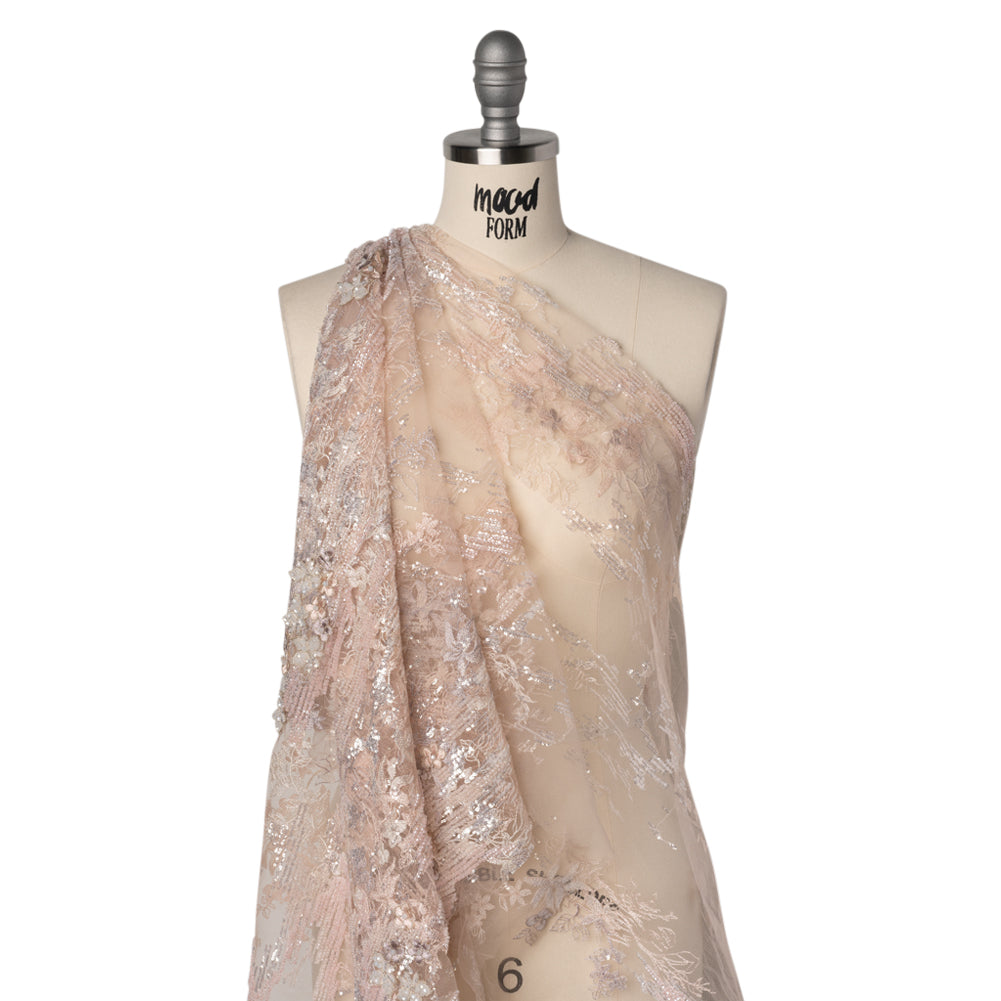 Beaded and Embroidered Tulle with 3D Appliques - Beige and Pink Floral Reflections - Joann Fabrics