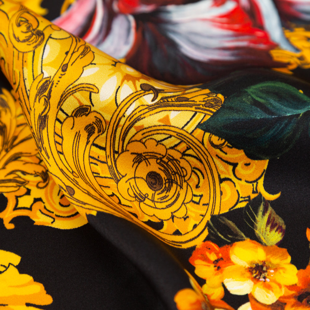 Mood Exclusive Italian Black and Gold Ornate Floral Digitally Printed Silk Charmeuse - Joann Fabrics