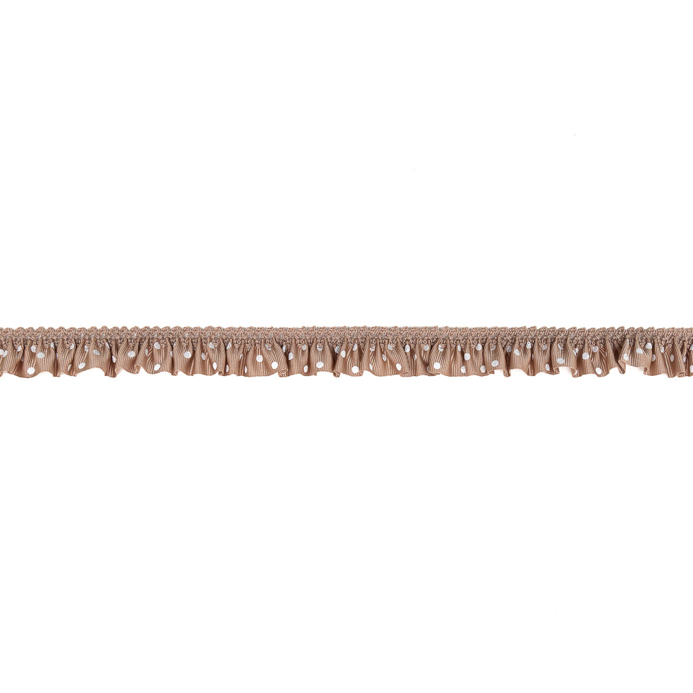 European Light Brown and White Polka Dot Ruffled Stretch Grosgrain .875