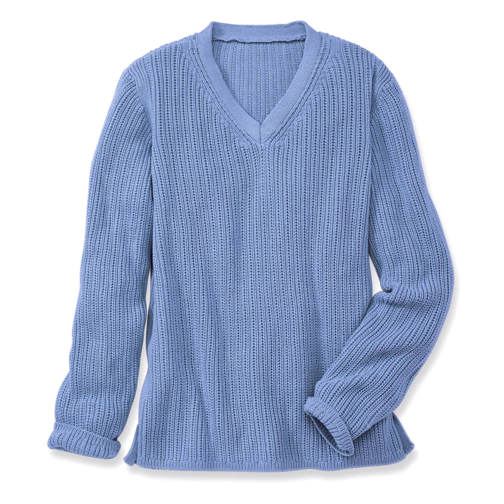 Ribbed Cotton V-Neck Pullover, Long Sleeves, Side Slits - Northstyle Catalog