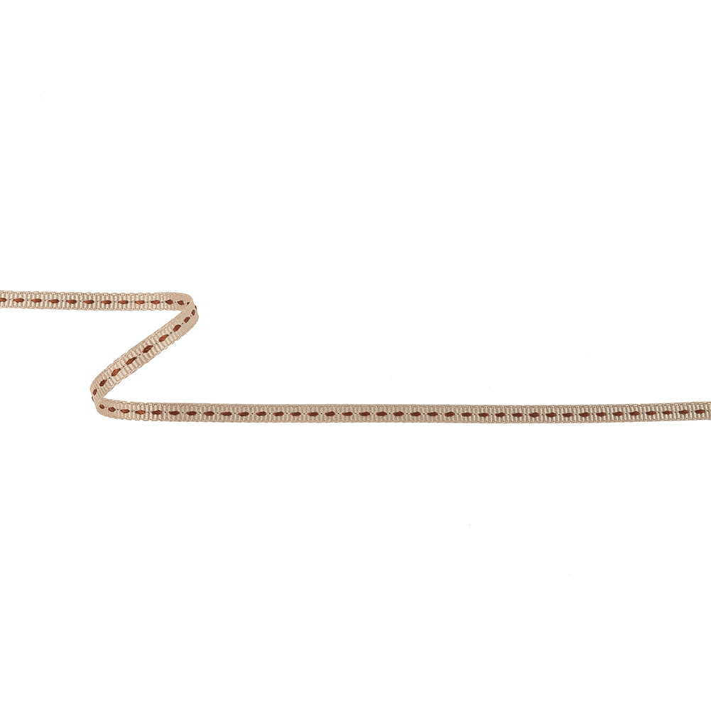 Tan Grosgrain Ribbon with Brown Stitching - 0.25