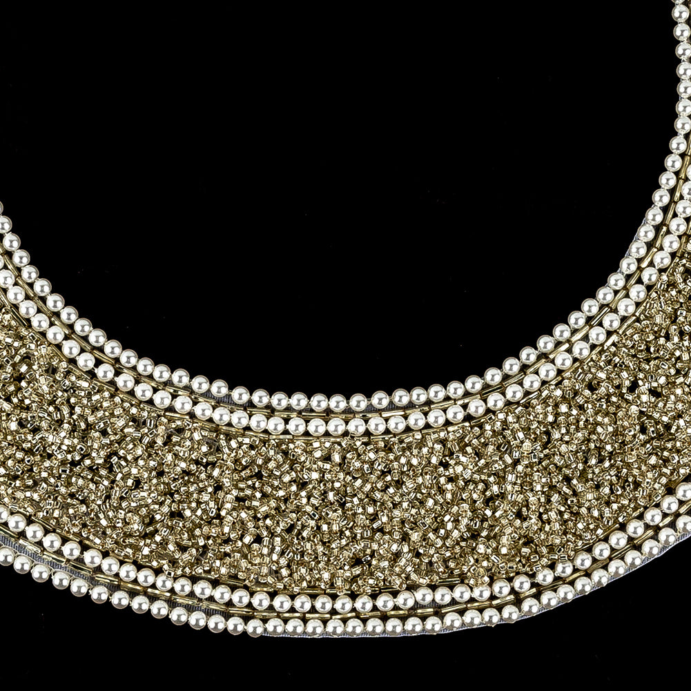 Vintage Fancy Pearl Bordered Silver-lined Beaded Neckline Applique - 8.75