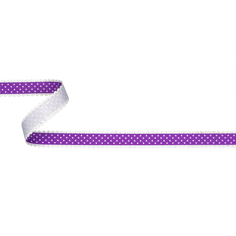 Purple and White Alyssum Scalloped Edge Polka Dot Grosgrain Ribbon - 0.625