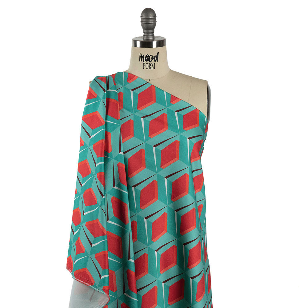 Stretch Cotton Sateen - Turquoise and Red Diamonds - Deco Delight Print - Mood Exclusive Yesterday Collection - Joann Fabrics