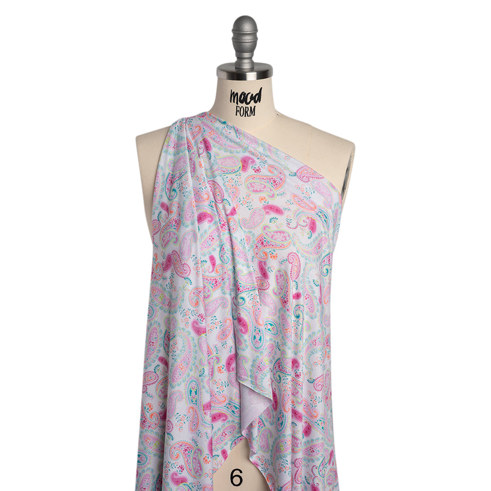 Stretch Rayon Jersey Print - Pink, Teal and Orange Paisleys on White - Deadstock - Joann Fabrics