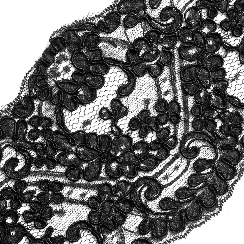 Black Floral Corded Lace Trim - 5