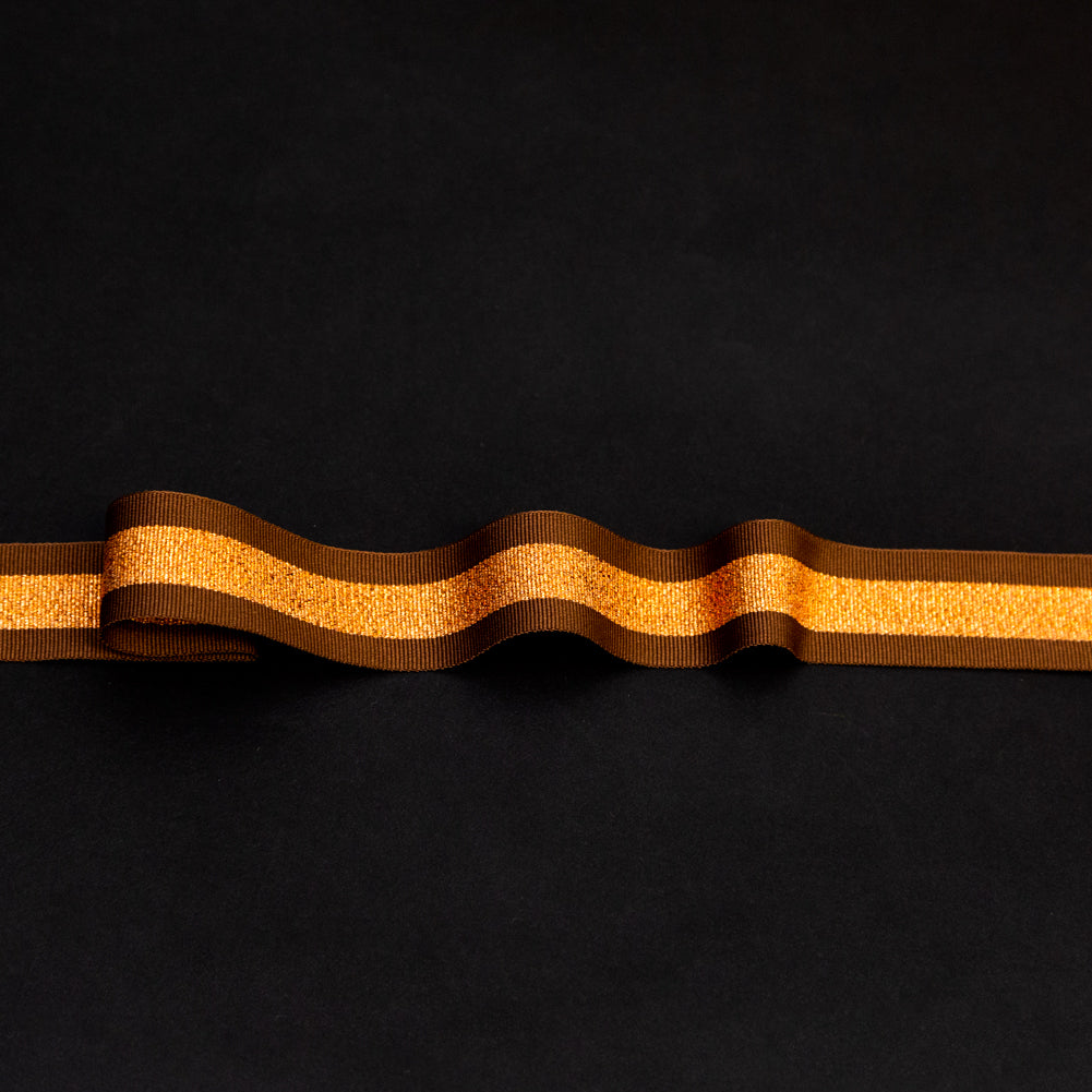 Italian Metallic Copper and Brown Striped Grosgrain Ribbon - 1