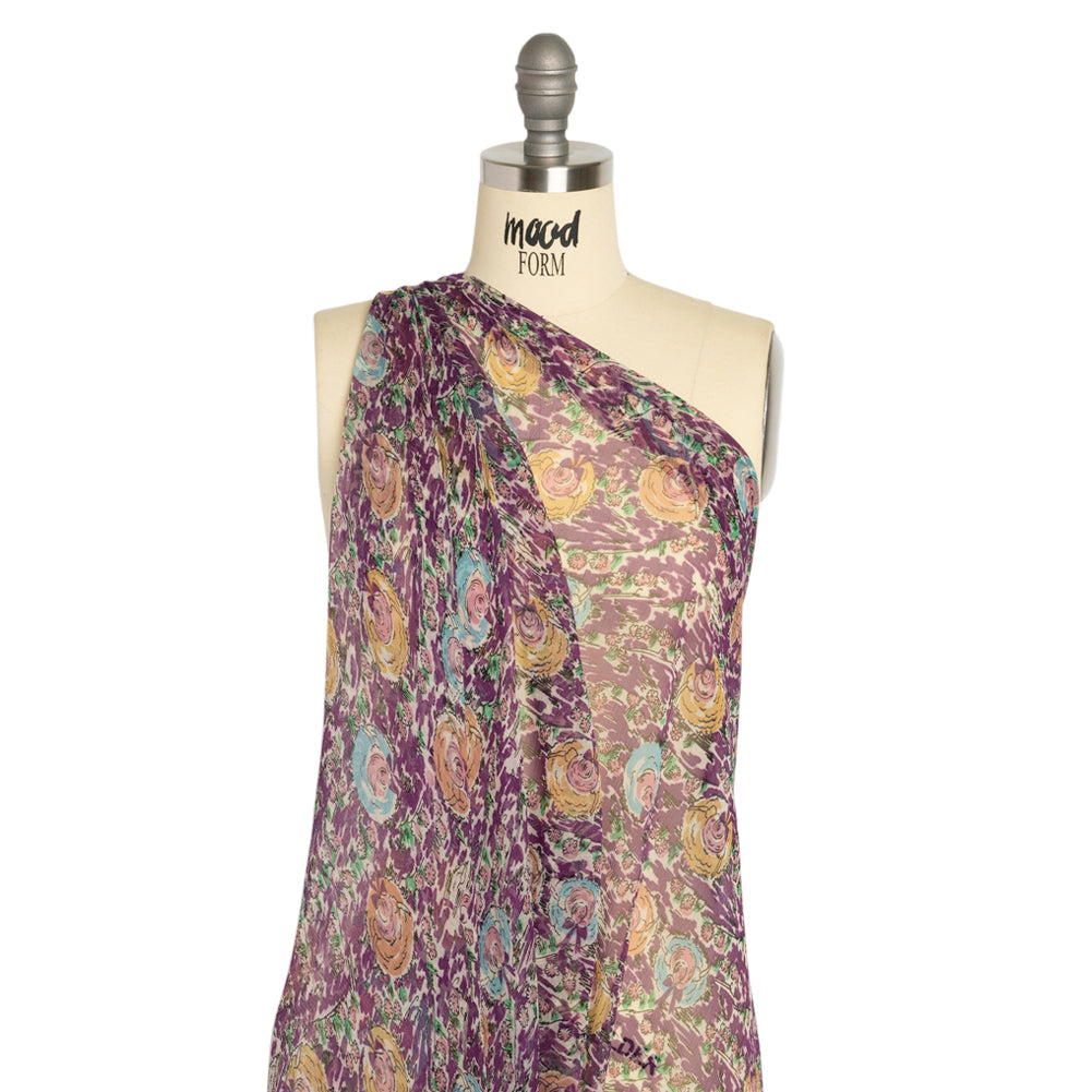 Plum, Beige and Sky Blue Garden Frolick Crinkled Silk Chiffon - Joann Fabrics