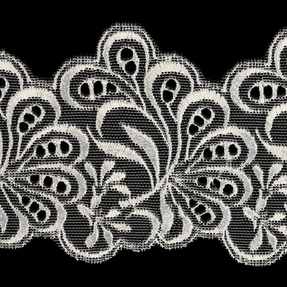 White Luminous Leafy Stems Embroidered and Eyelet Lace Trim - 3