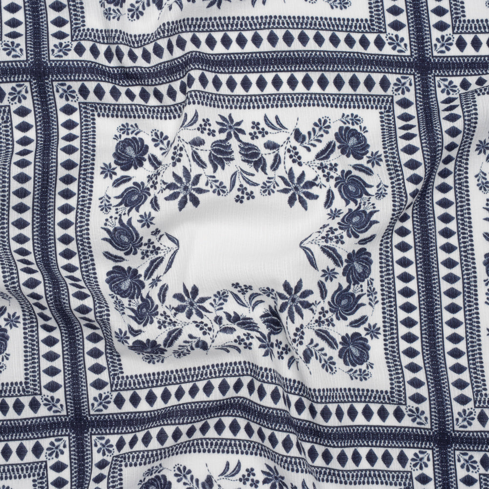Slubbed Gauzy Cotton Woven - White and Navy Blue Floral Embroidery Squares - Mood Exclusive Porcelain Petals Print - Joann Fabrics