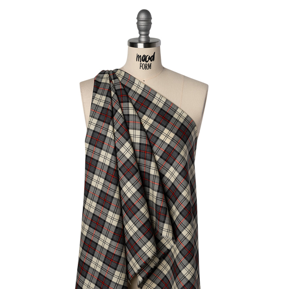 Virgin Wool Twill Made in Italy - Cream, Charcoal and Red Plaid - Joann Fabrics