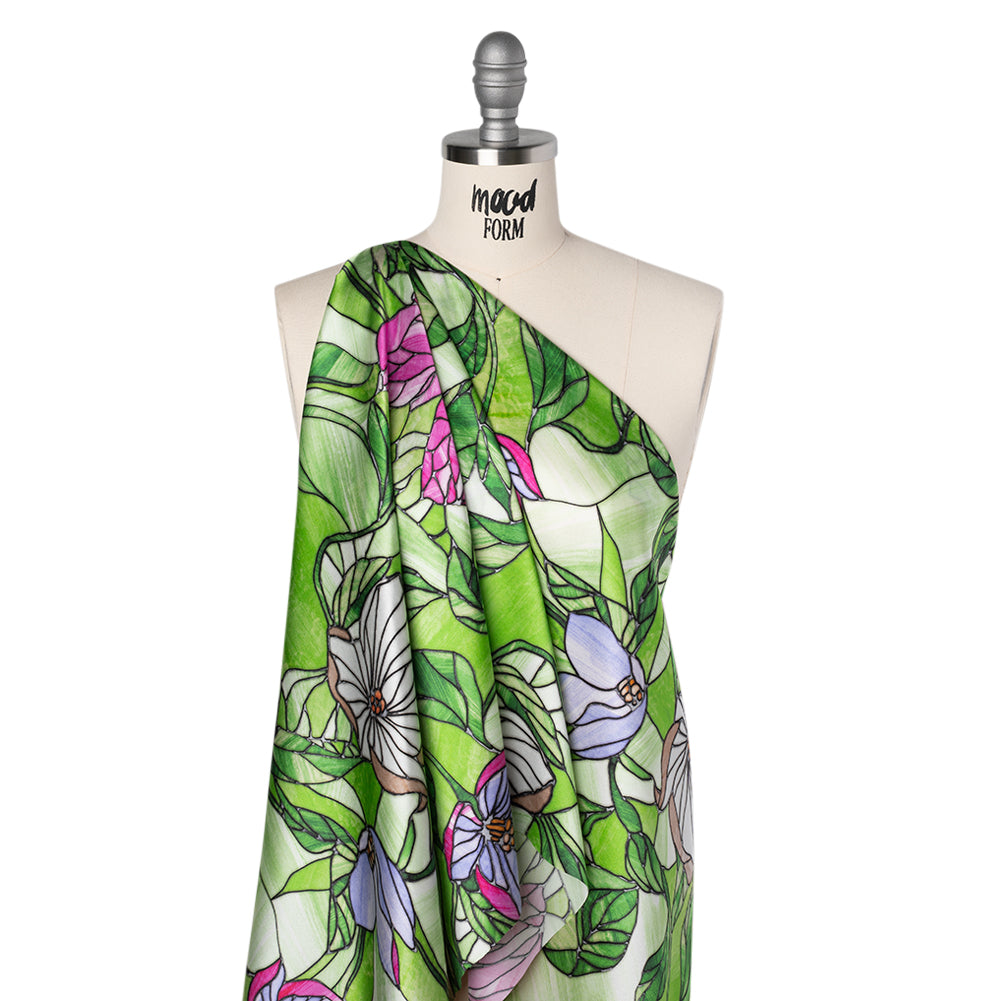 Silk Charmeuse Print 16MM, Made in Italy - Grass Green, Hot Pink and Lavender Stained Glass Flower Garden - Joann Fabrics
