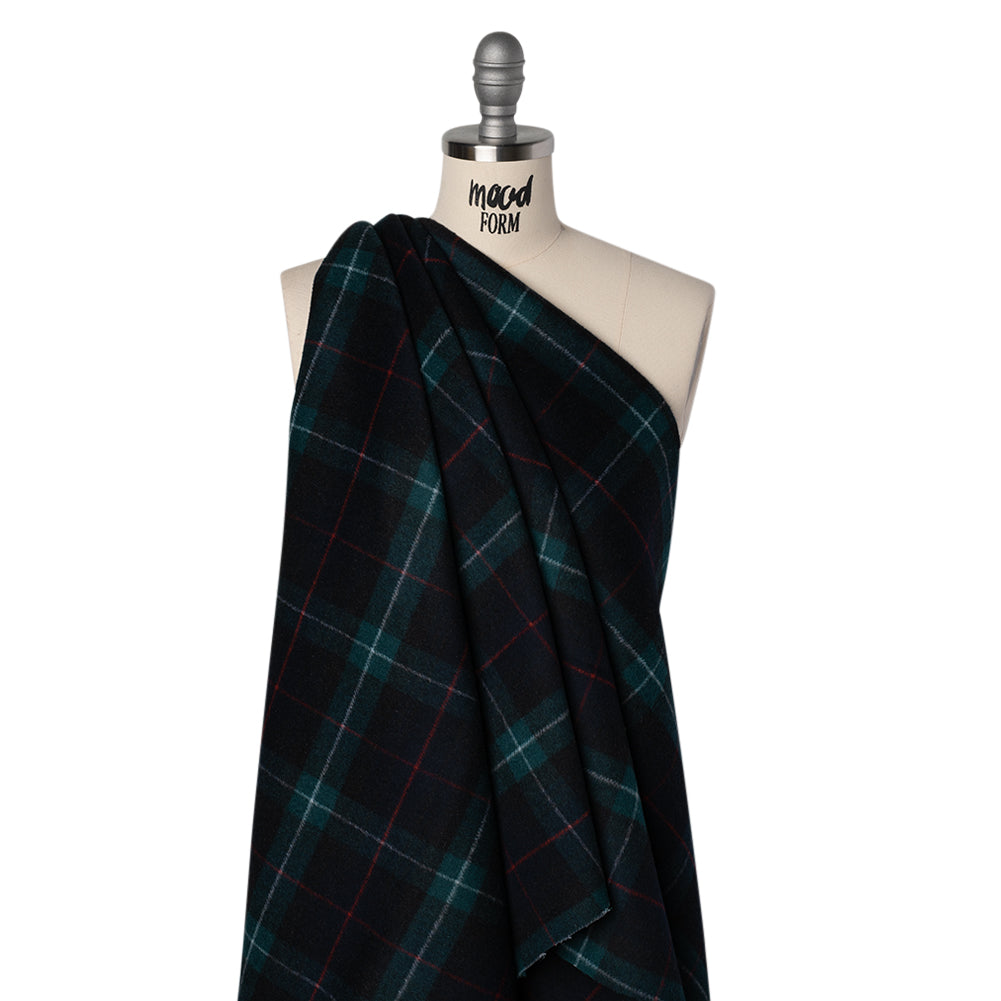 Brushed Wool Double Cloth Coating - Black, Deep Green and Red Plaid - Deadstock - Joann Fabrics