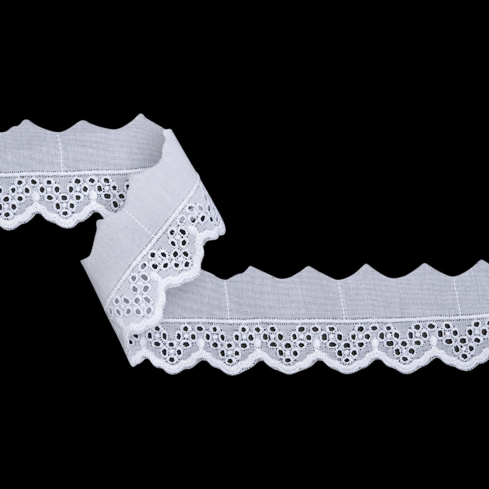 Cotton and Polyester Embroidered Eyelet Lace Trim with One Finished Scalloped Edge - 1.875