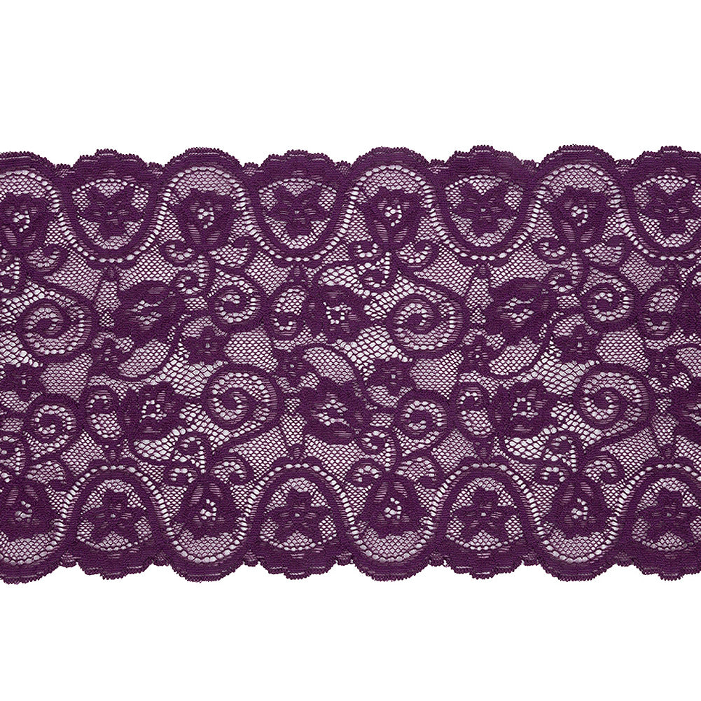 Purple Floral Scrolls Stretch Lace Trim with Scalloped Edges - 6.25