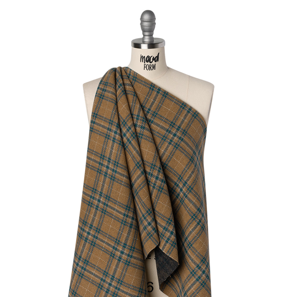 Wool Blend Double Faced Coating Made in Italy - Tan, Dark Teal and Charcoal Plaid - Deadstock - Joann Fabrics