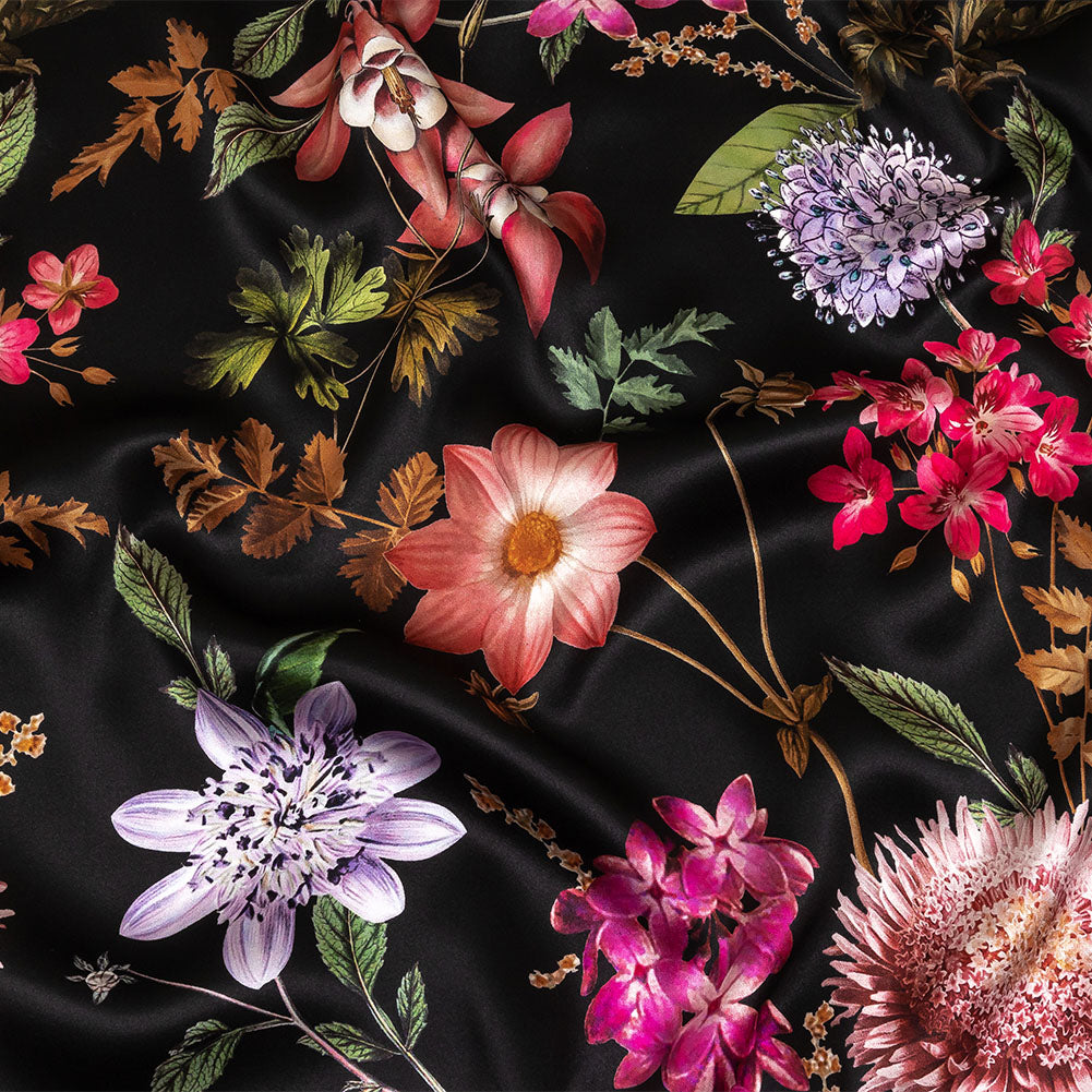 Mood Exclusive Italian Black, Pink and Green Floral Silk Charmeuse - Joann Fabrics