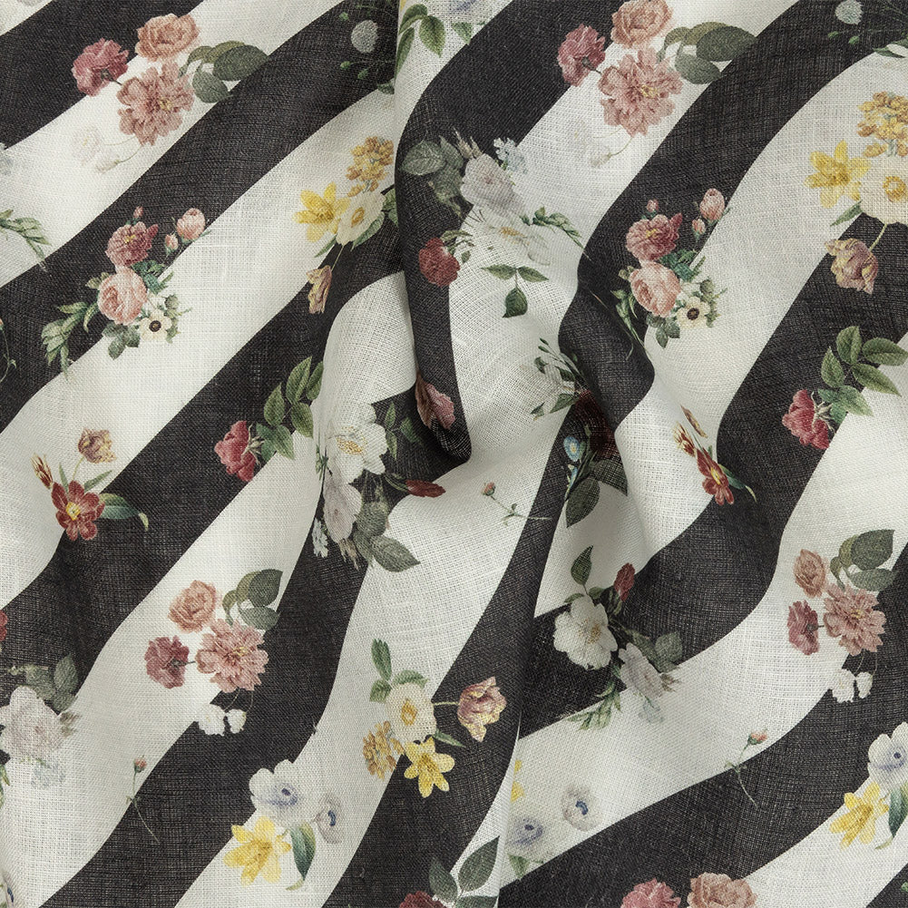 French Garden Flowers over Black and White Regimental Stripes Printed Linen Woven - Joann Fabrics