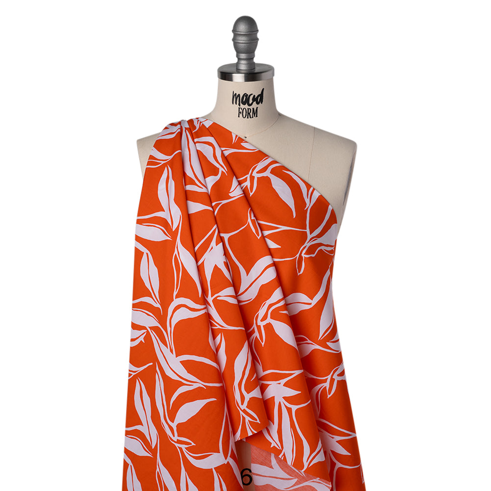 Cotton Poplin Print - Red Orange and White Leaves - Designer Deadstock - Joann Fabrics