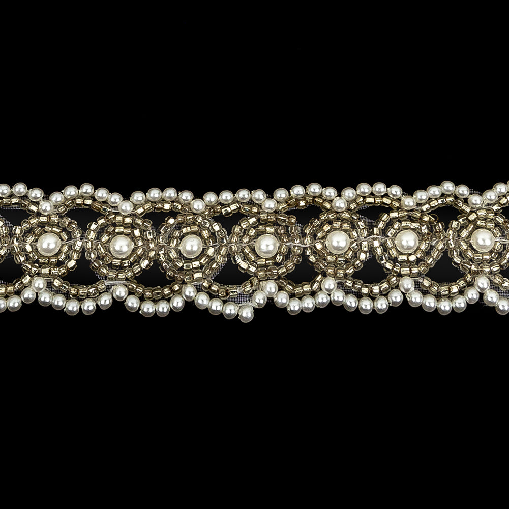 Vintage Fancy Pearl, White and Silver Beaded Trim - 0.875