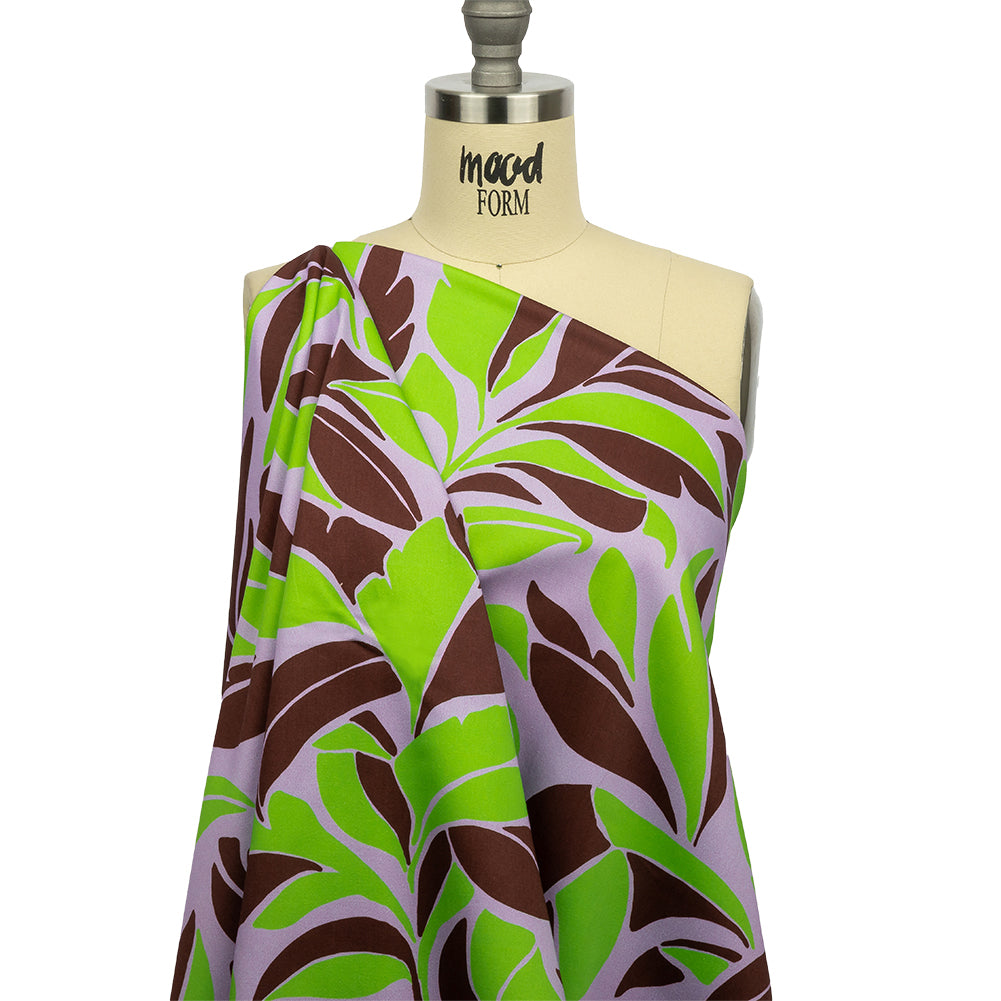 Stretch Cotton Sateen - Lavender and Green Leaves - Flying Swirls Print - Mood Exclusive Groove Collection - Joann Fabrics