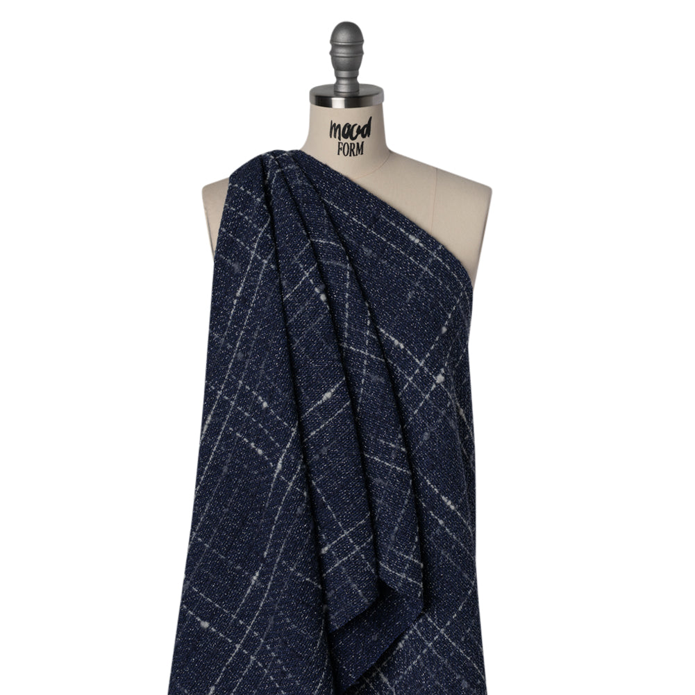 Metallic Wool Blend Tweedy Twill Boucle Made in Italy - Navy Blue, White and Silver Plaid - Deadstock - Joann Fabrics