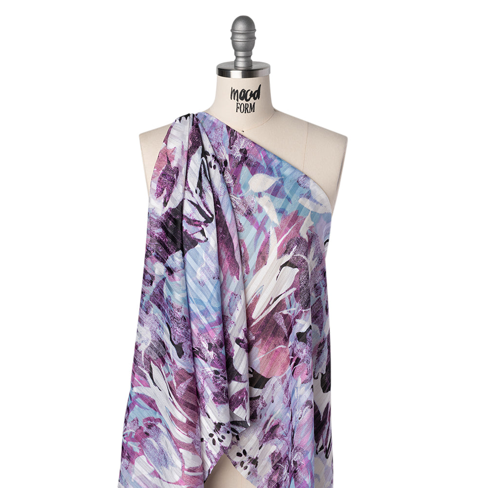Polyester Satin-Striped Dobby with Metallic Pinstripes - Lavender, Sky Blue and Rose Abstract Florals - Designer Deadstock - Joann Fabrics
