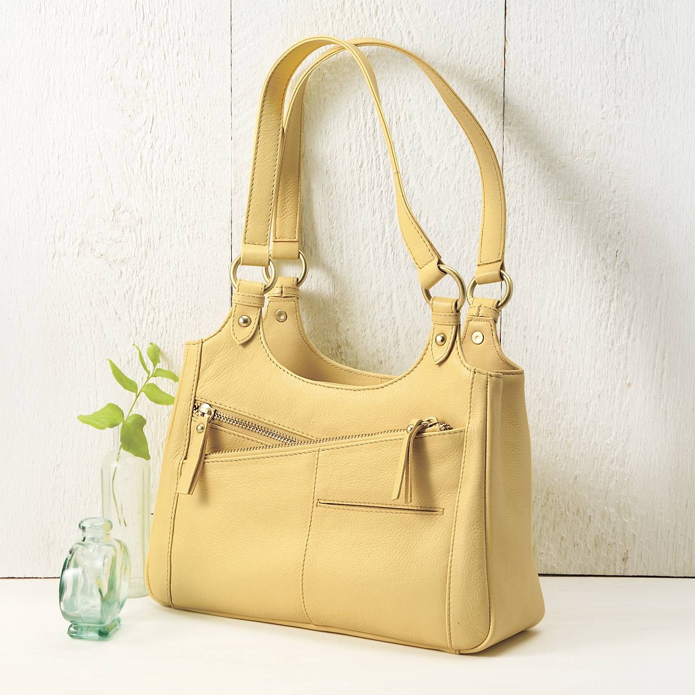 Multi-Pocket Leather Tote, Yellow, Zip Compartment - Northstyle Catalog