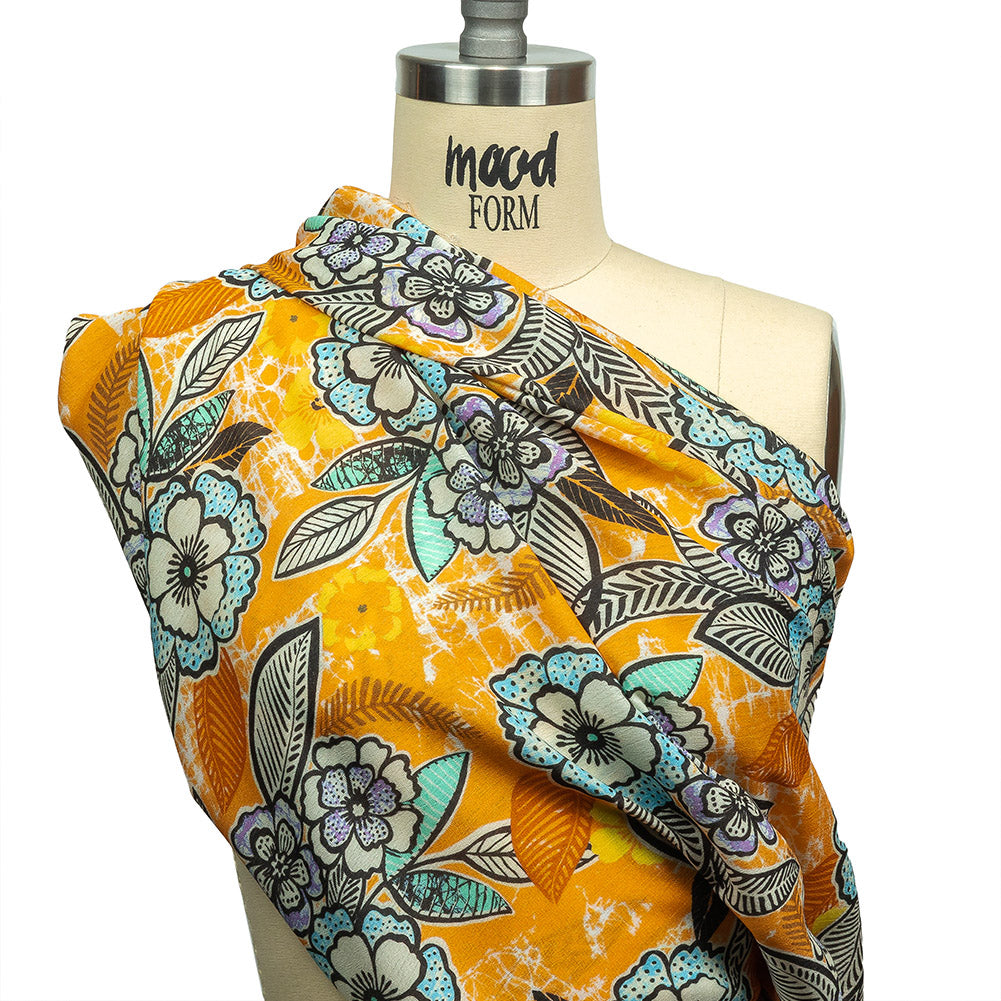 Gauzy Wrinkled Rayon Woven Print - Butterscotch Orange and Blue Floral - Mood Exclusive Blackened Buds - Joann Fabrics
