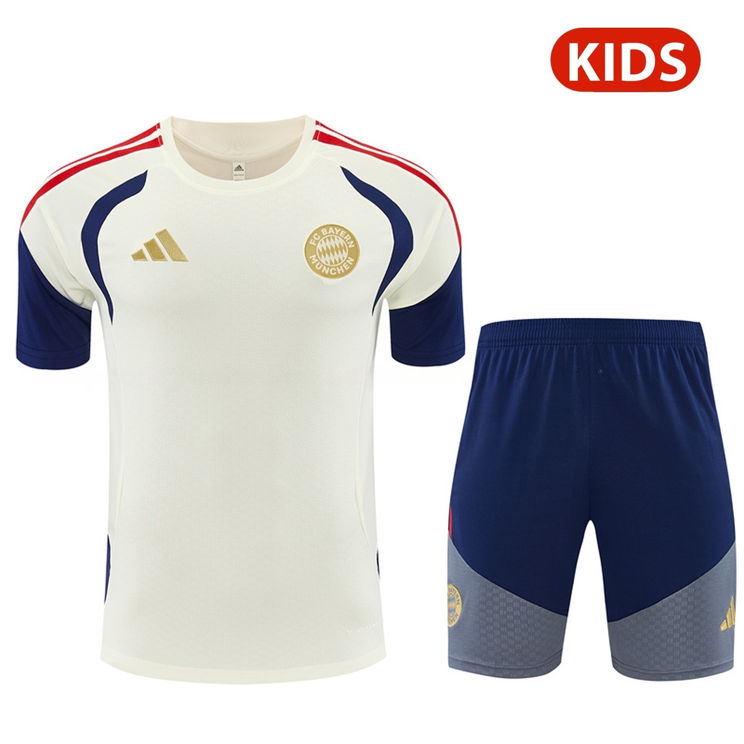 Bayern Munich 26-27 Kids Short-Sleeve Training Set - Cream Top & Deep Blue Shorts - UnitedFutballJersey