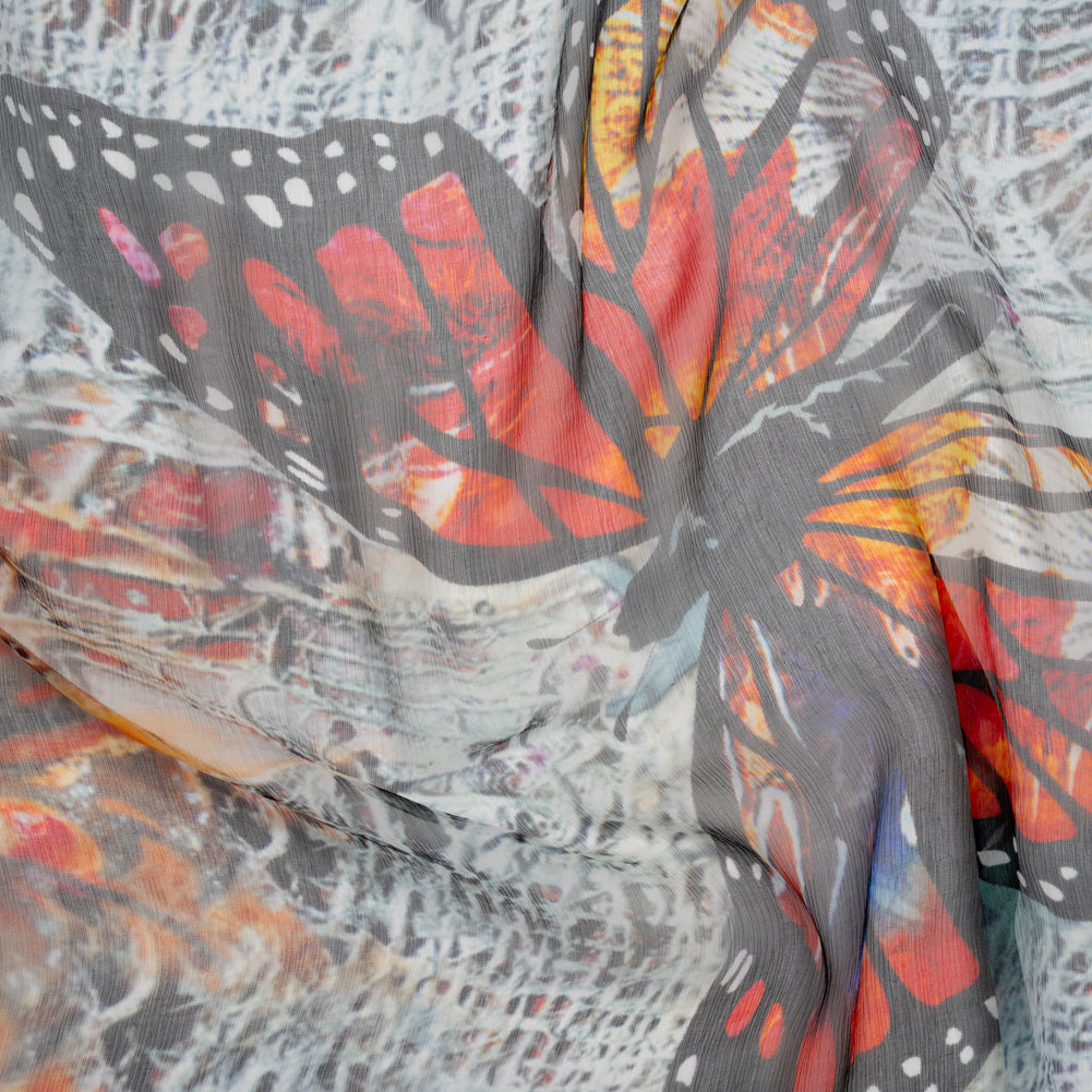 Crinkled Silk Chiffon Print - Red, Black and Yellow Large Butterfly - Deadstock - Joann Fabrics