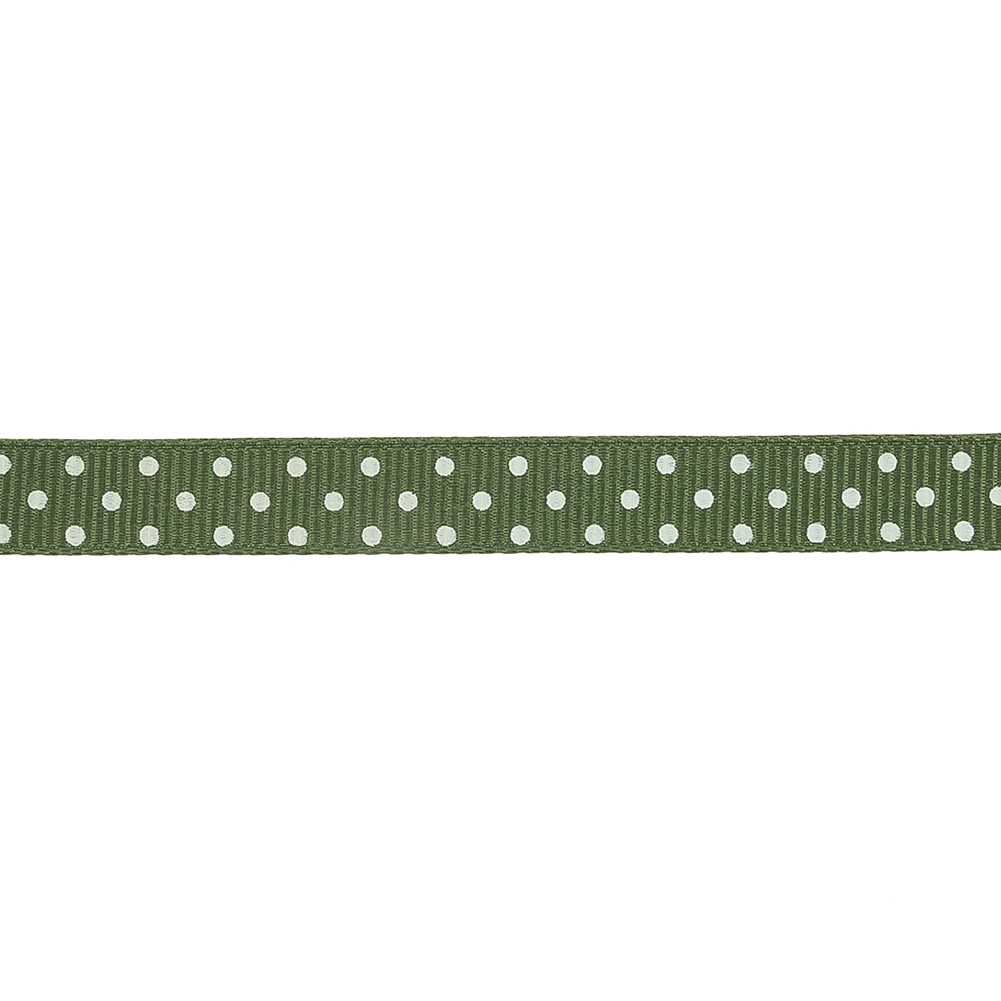 Pesto and White Polka Dots Grosgrain Ribbon - 0.375