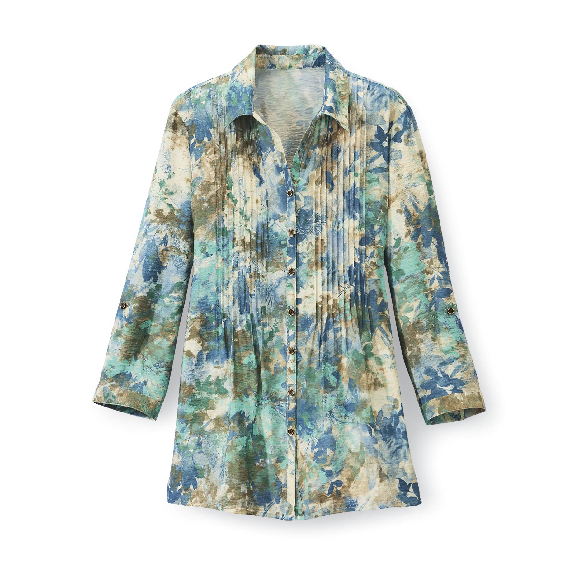 Botanical Crinkle Pintuck Shirt, Button Front, 3/4 Roll-Tab Sleeves - Northstyle Catalog