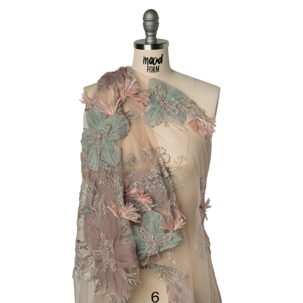 Embroidered and Beaded Tulle with 3D Applique Fabric Flowers - Taupe, Mauve, Mint and Pink Big Flowers - Joann Fabrics