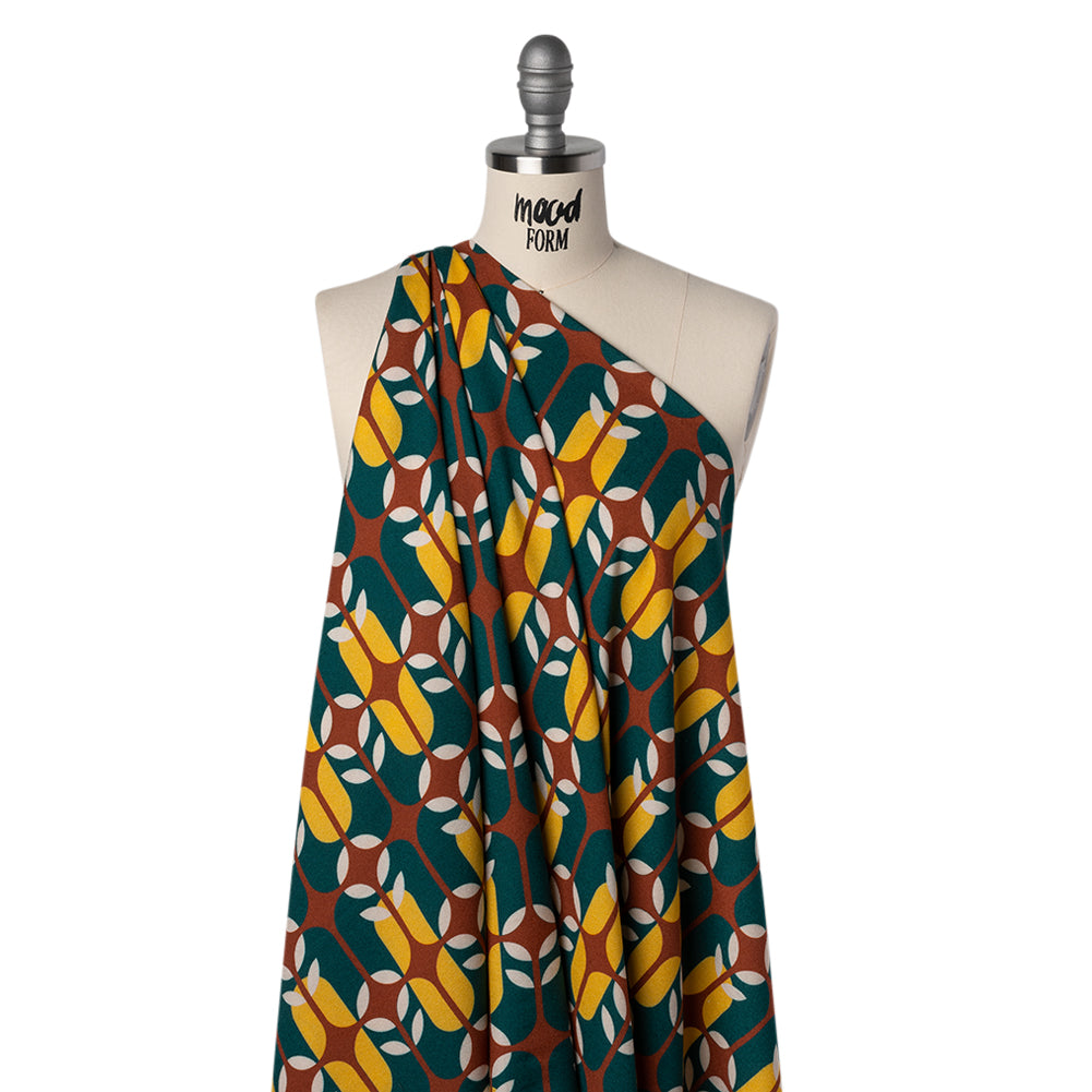 Viscose Crepe - Dark Teal, Yellow and Russet Brown Retro Geometric - Mood Exclusive Mod Logic Print - Joann Fabrics