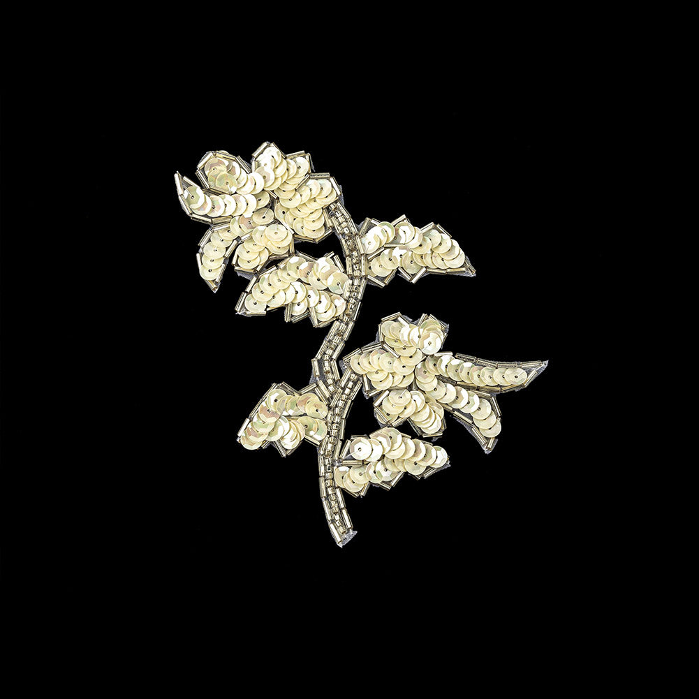 Vintage Ivory Iris Sequins and Silver Bugle Beaded Floral Applique - 4.75