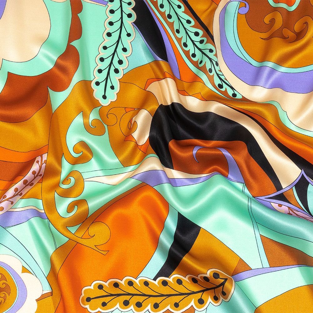 Italian Brown, Orange and Seafoam Leafy Abstract Silk Charmeuse - Joann Fabrics