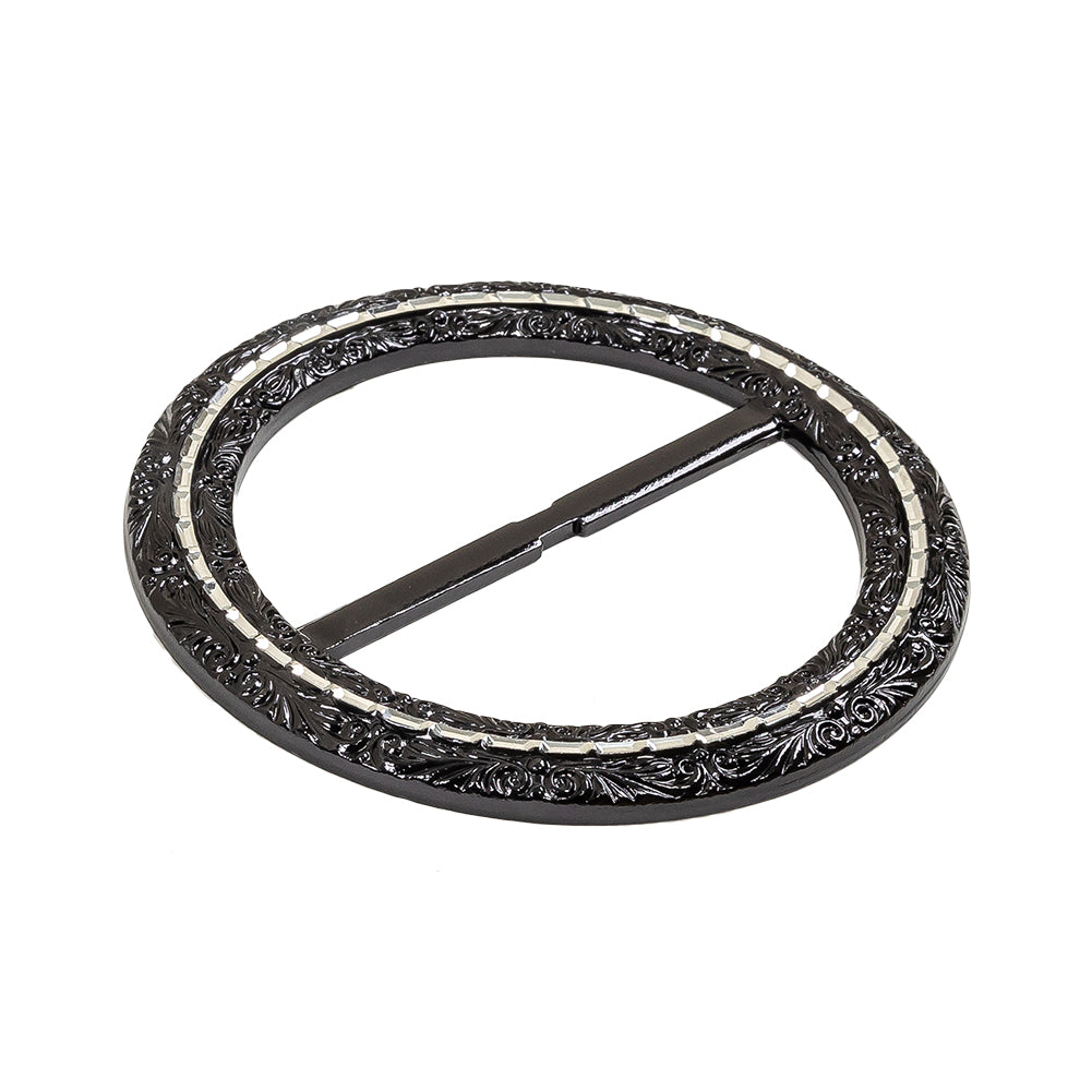 Vintage Black Classical Swirls Round Slider with Faceted Silver Band - 3.25