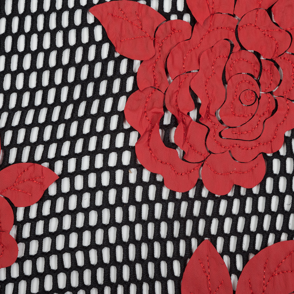 Wonder Mesh with Floral Embroidered Faux Leather - Black and Red - Joann Fabrics