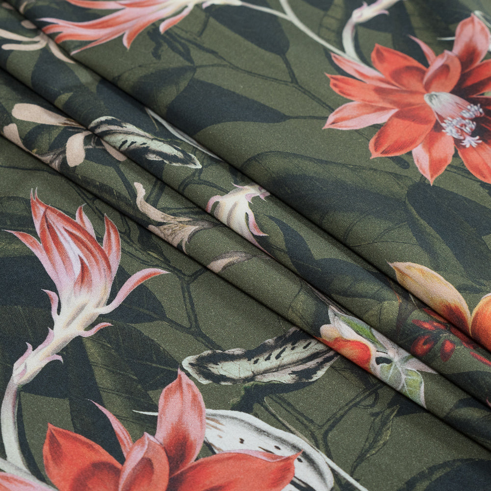 Stretch Cotton Sateen - Olive Green Flowers and Leaves - Les Tropiques Print - Mood Exclusive Jacques Collection - Joann Fabrics