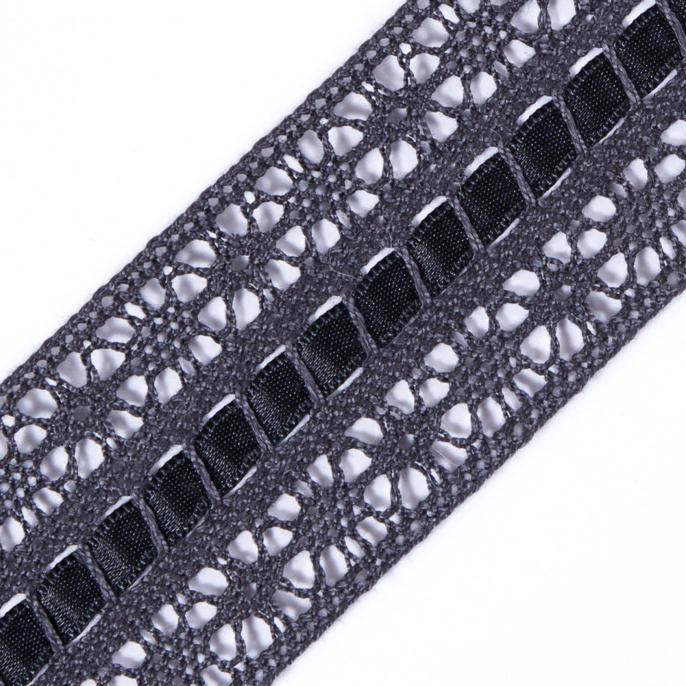 European Gray Crochet Trim with Satin Ribbon Detail - 1.5